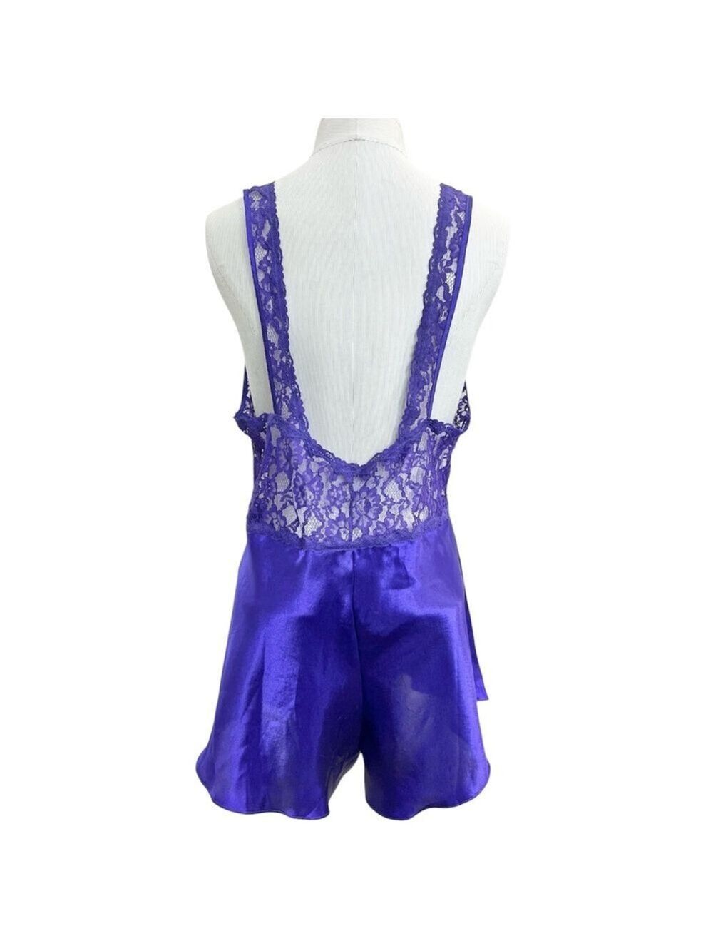 Vintage 80s 90s purple satin sheer lace bodice romper teddy negligee lingerie L - Picture 4 of 15